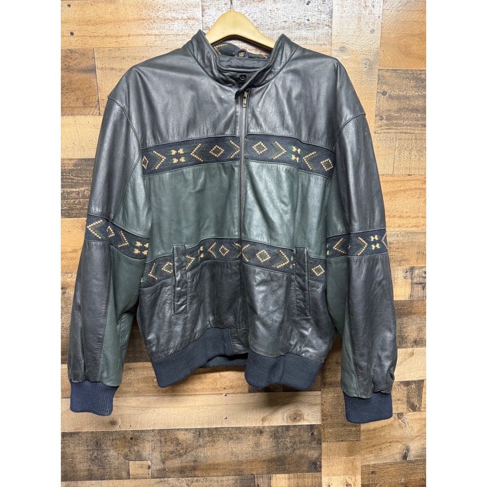 Authentic Adler Mens XXL Genuine Leather Bomber Jacket‎ Southwestern Black Green